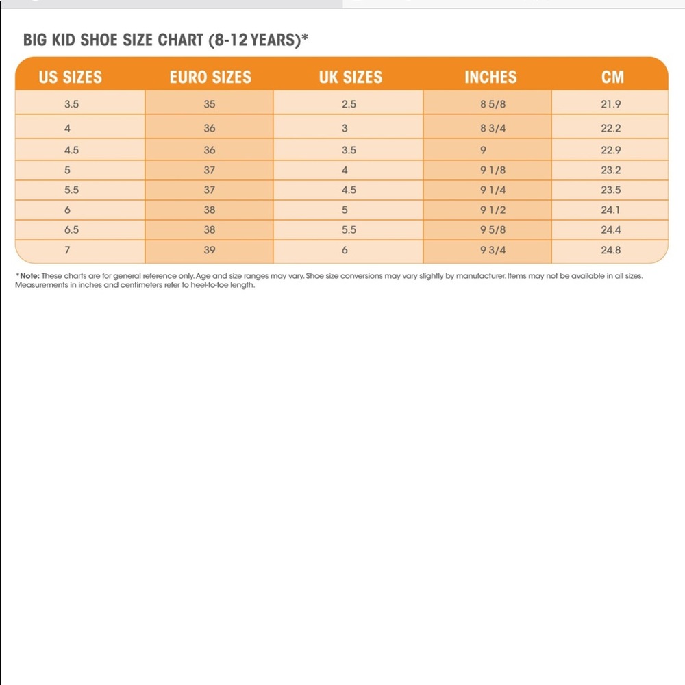 Shoe conversion chart